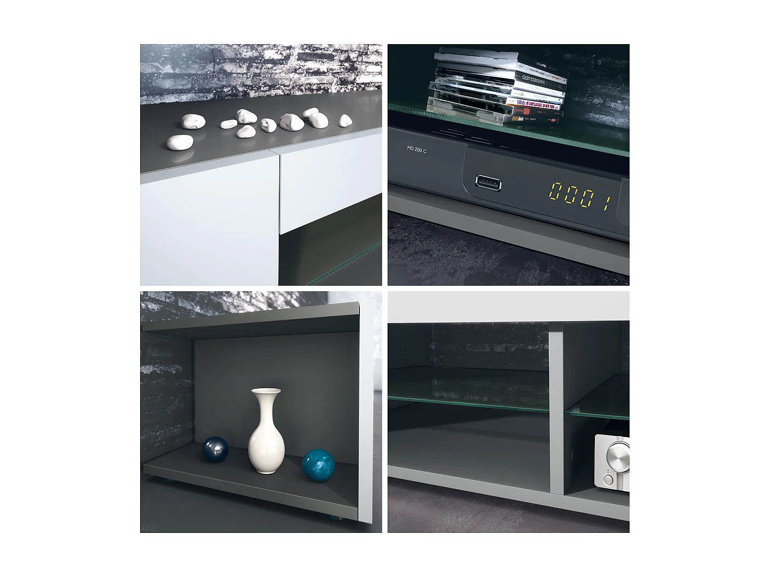 Meuble TV Stream, meuble TV avec 4 compartiments ouverts et moulures décoratives, anthracite mat/ (134,5 x 30,5 x 38,5 cm)