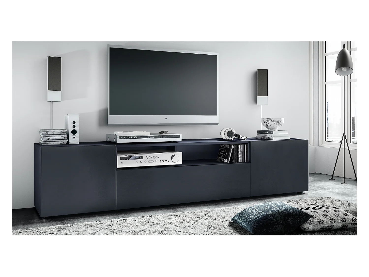 Meuble TV Mogan 181 x 39 x 35 cm, lowboard long avec 6 compartiments, caisson en anthracite mat, façades en Noir mat