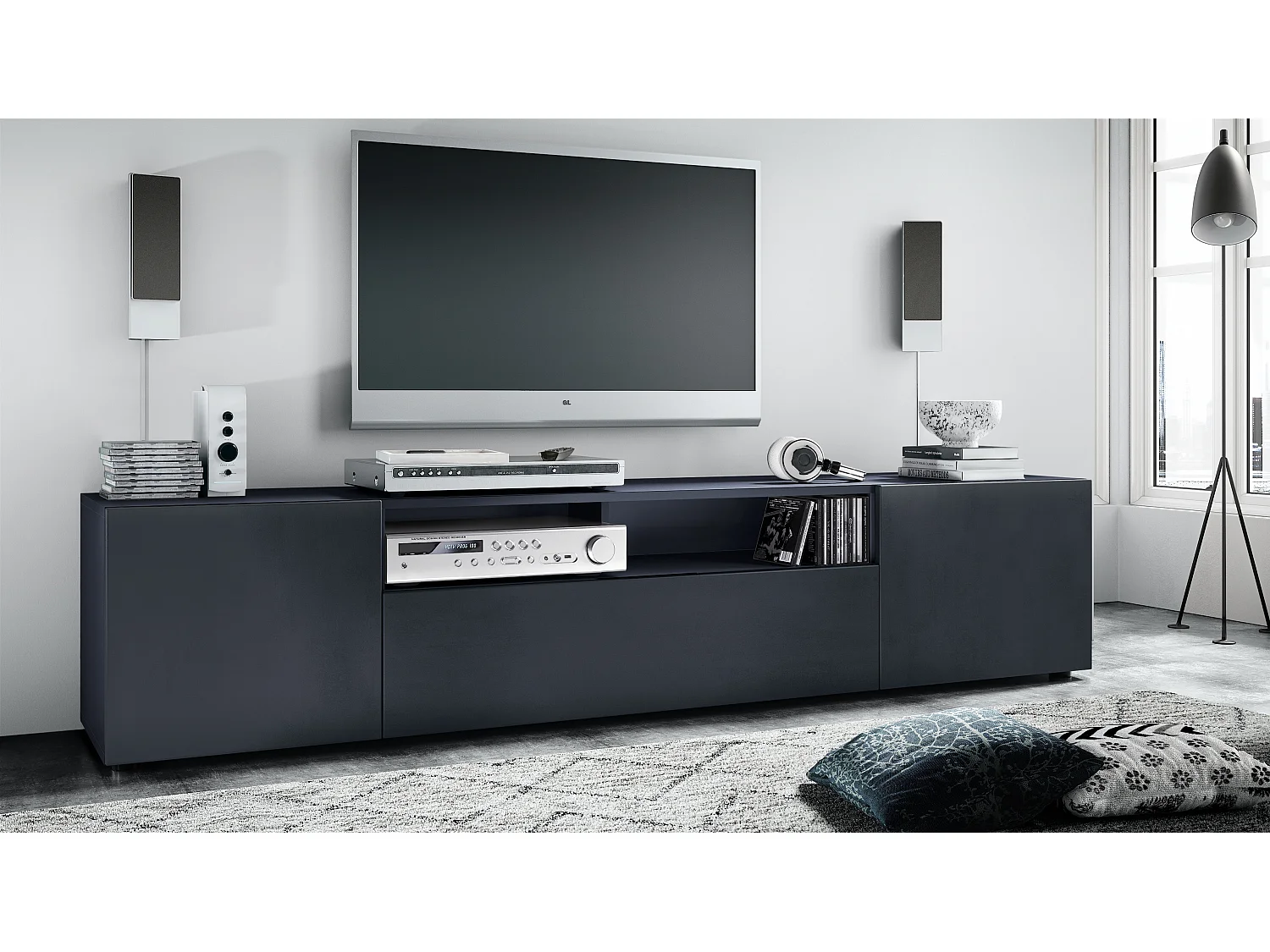 Meuble TV Mogan 181 x 39 x 35 cm, lowboard long avec 6 compartiments, caisson en anthracite mat, façades en Noir mat
