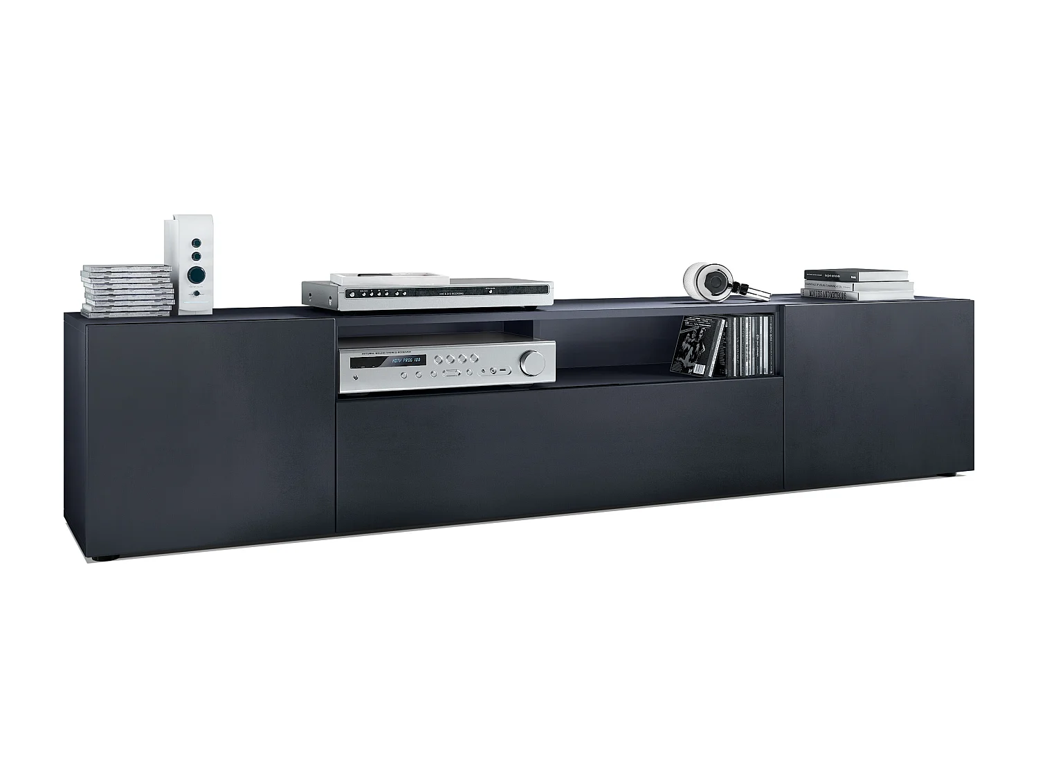 Meuble TV Mogan 181 x 39 x 35 cm, lowboard long avec 6 compartiments, caisson en anthracite mat, façades en Noir mat