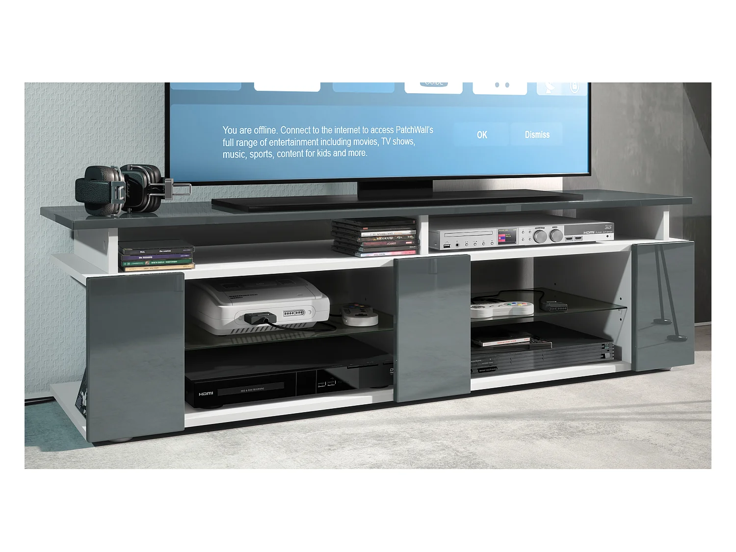 TV Board Movie V2 Game On Lowboard 138,5 x 39 x 39 cm , caisson en blanc mat, façades en gris haute brillance