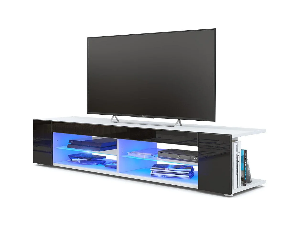 Buffet bas Movie, Meuble TV avec 4 compartiments ouverts et placages décoratifs, Blanc mat/Noir haute brillance, éclairage LED bleu inclus (134 x 29 x 39 cm)