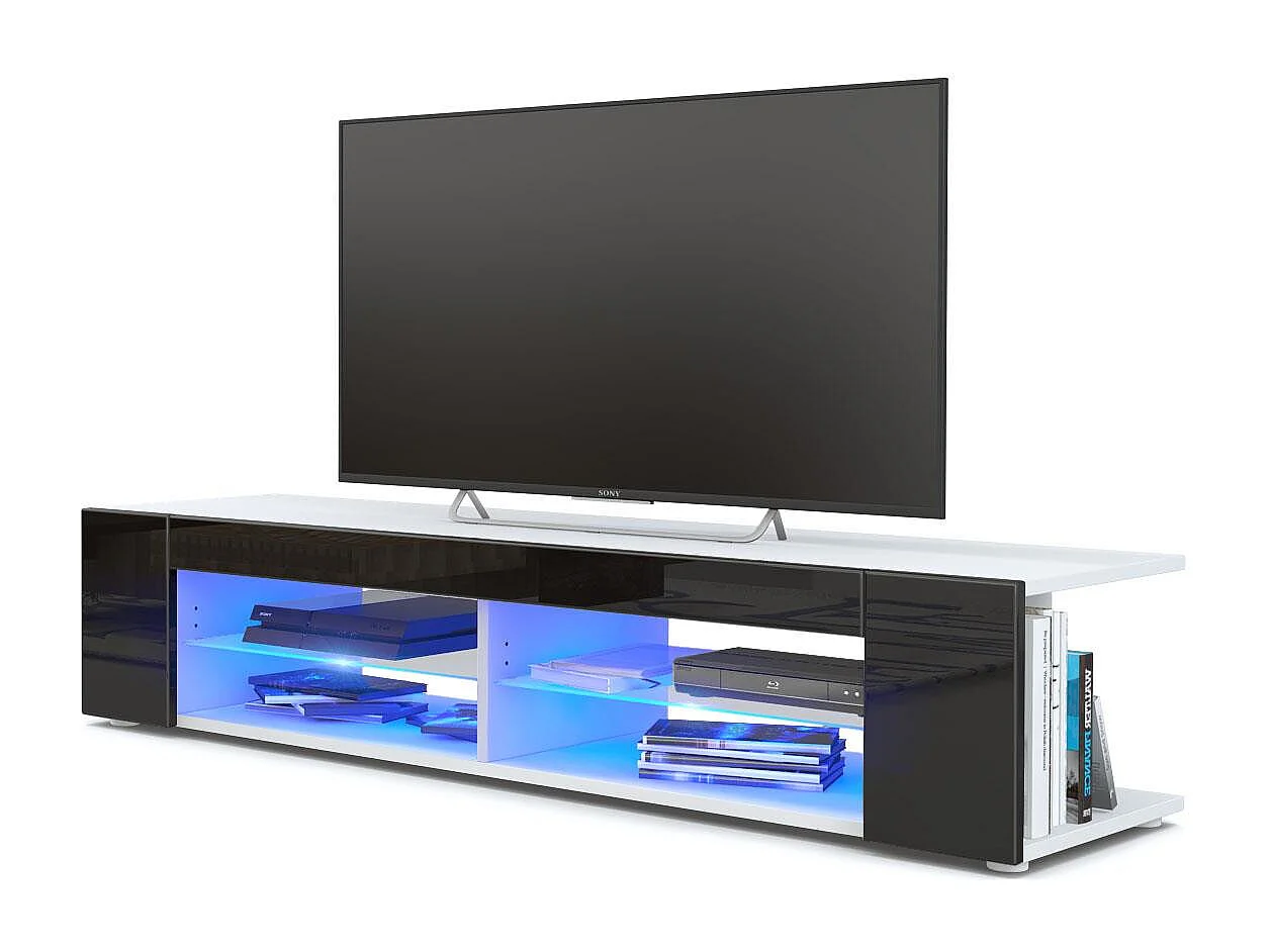 Buffet bas Movie, Meuble TV avec 4 compartiments ouverts et placages décoratifs, Blanc mat/Noir haute brillance, éclairage LED bleu inclus (134 x 29 x 39 cm)