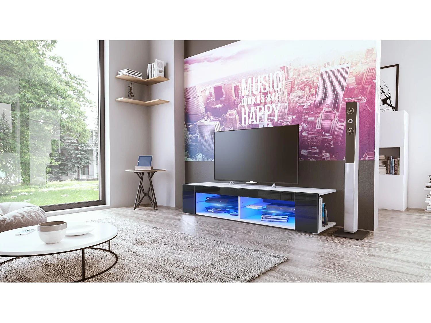 Buffet bas Movie, Meuble TV avec 4 compartiments ouverts et placages décoratifs, Blanc mat/Noir haute brillance, éclairage LED bleu inclus (134 x 29 x 39 cm)