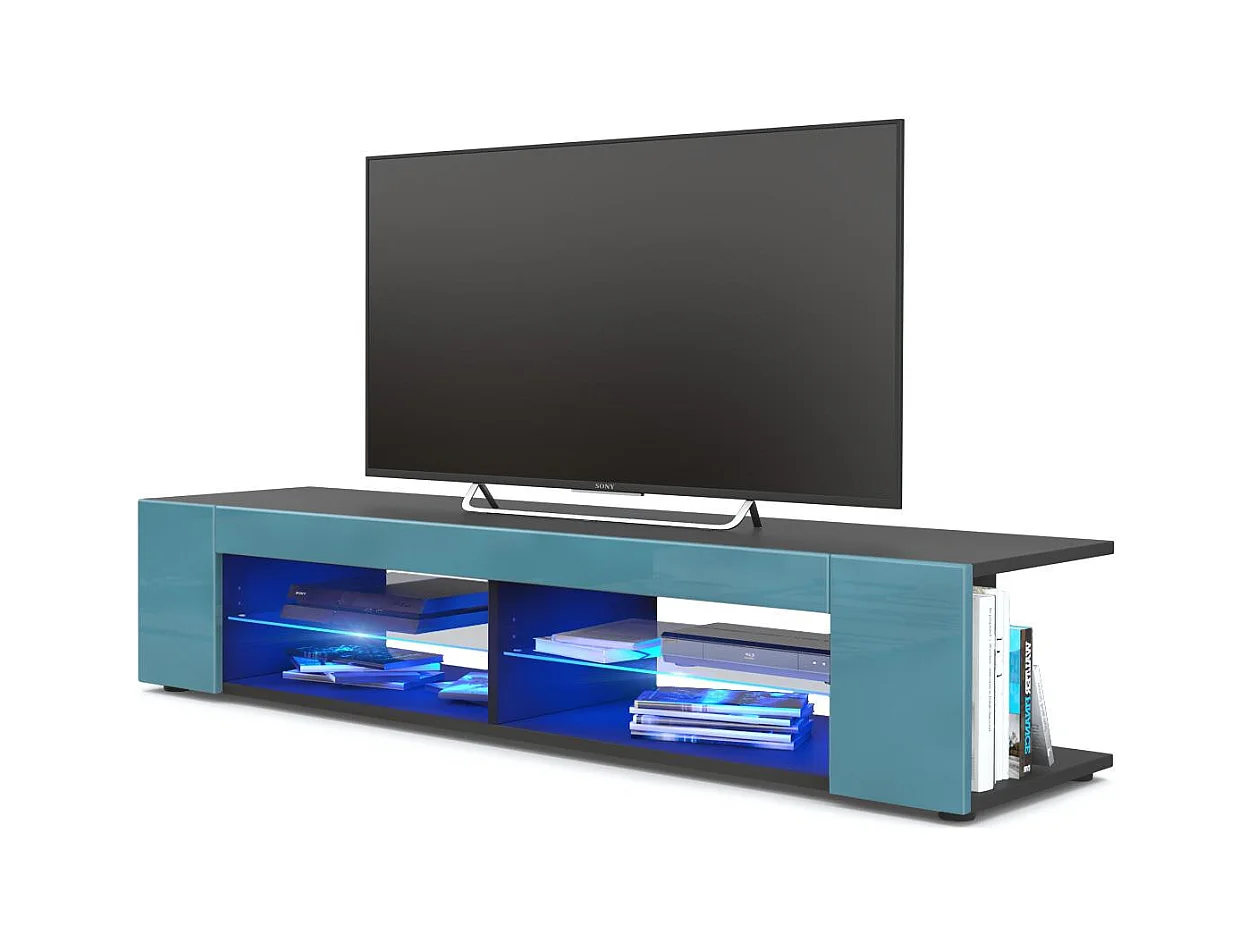 Buffet bas Movie, Meuble TV avec 4 compartiments ouverts et placages décoratifs, Noir mat/Turquoise brillant, éclairage LED bleu inclus (134 x 29 x 39 cm)