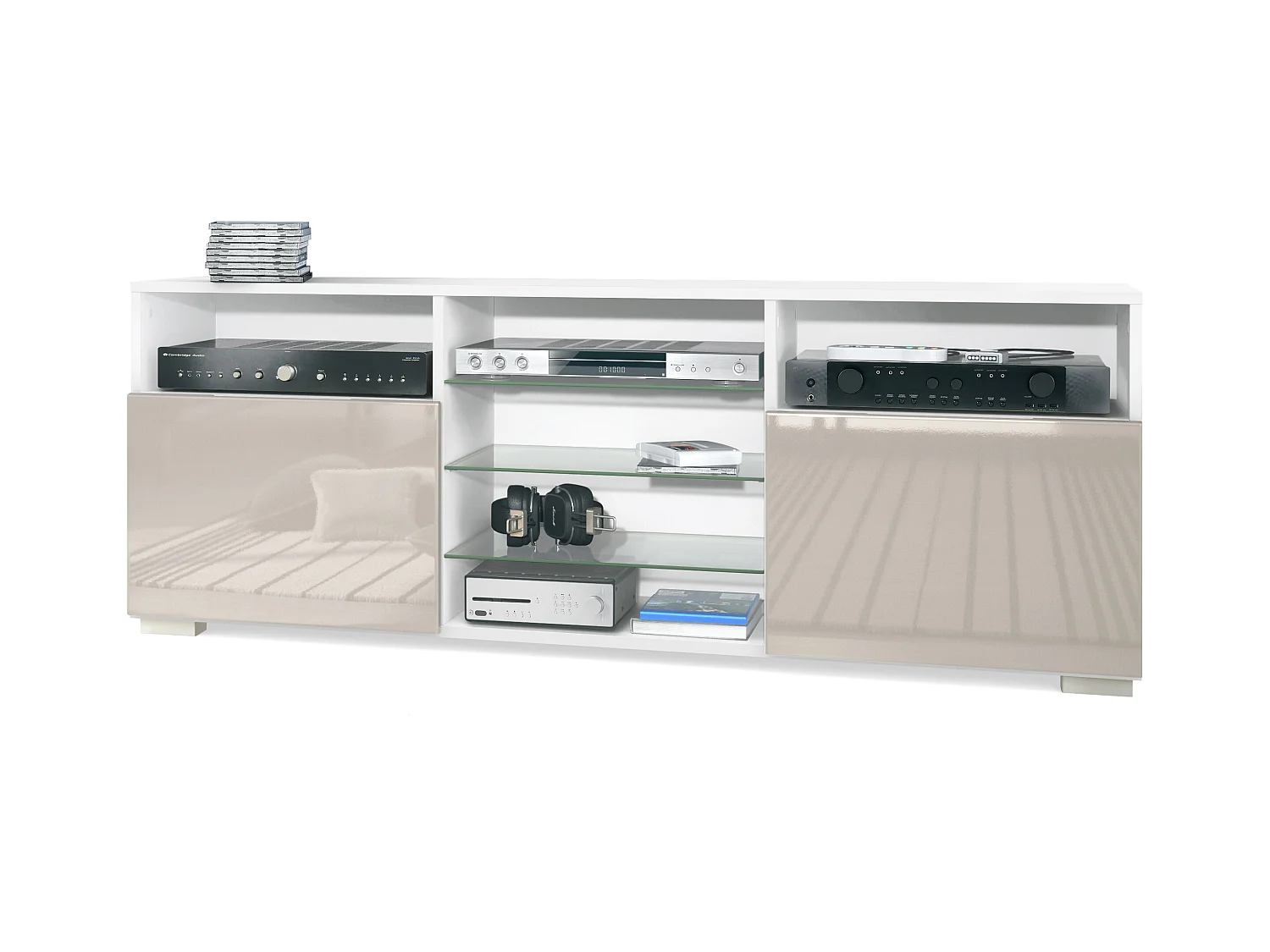 Meuble TV Granada, Lowboard avec 2 portes et 6 compartiments ouverts, corps blanc mat, façades en gris sable haute brillance (146 x 54 x 35 cm)