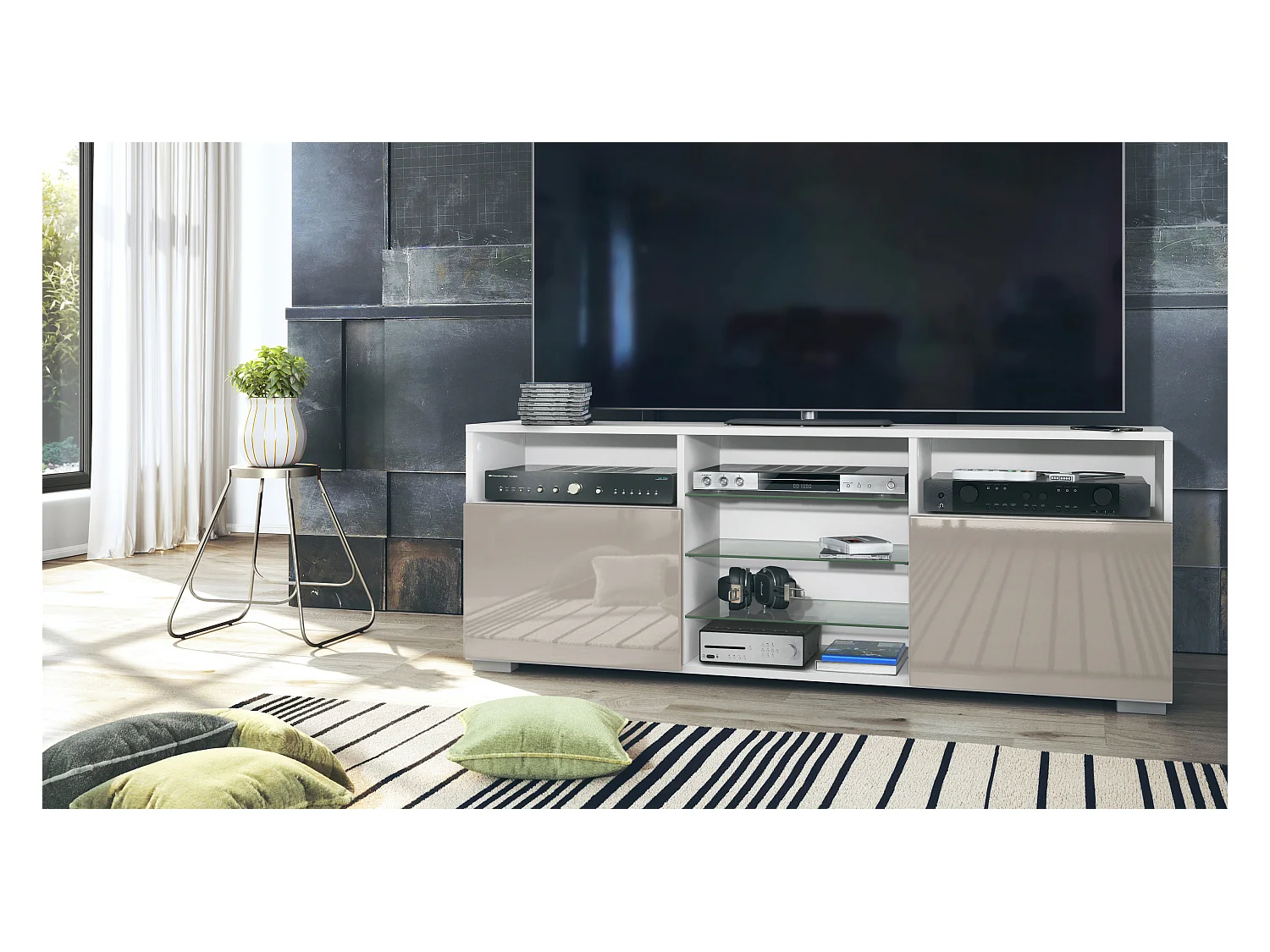 Meuble TV Granada, Lowboard avec 2 portes et 6 compartiments ouverts, corps blanc mat, façades en gris sable haute brillance (146 x 54 x 35 cm)