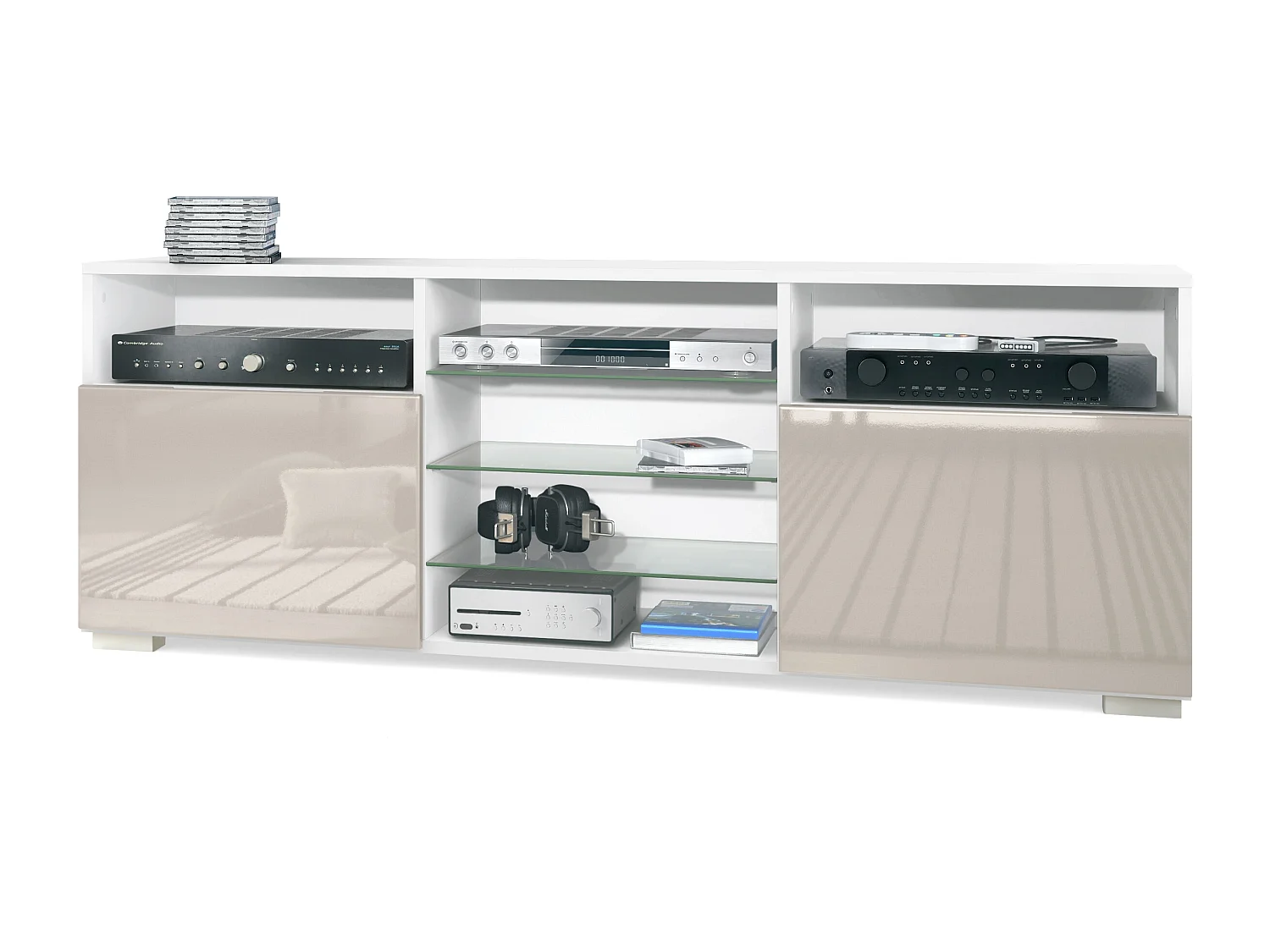 Meuble TV Granada, Lowboard avec 2 portes et 6 compartiments ouverts, corps blanc mat, façades en gris sable haute brillance (146 x 54 x 35 cm)