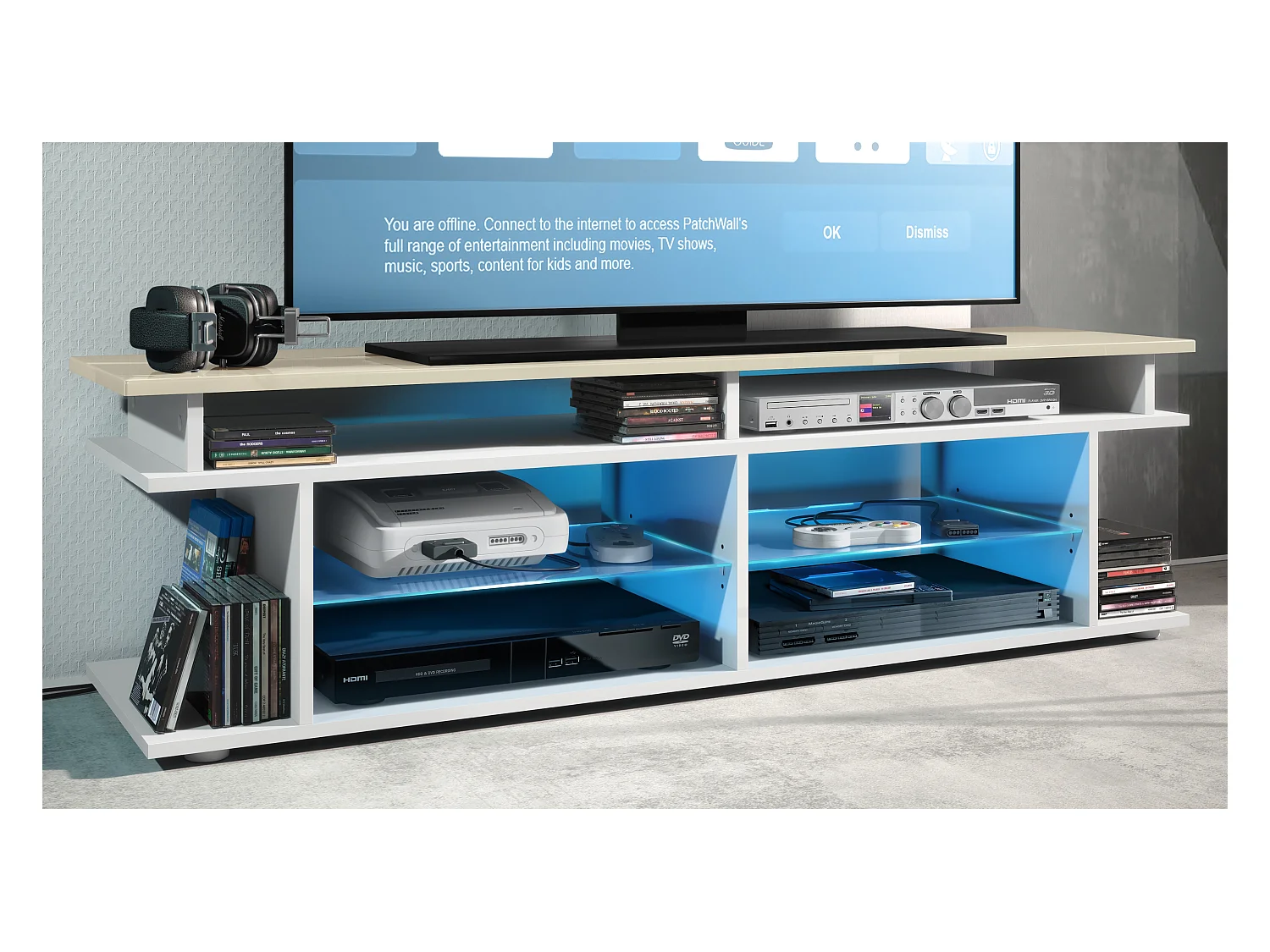 TV Board Movie V3 Game On 138,5 x 39 x 37,5 cm éclairage LED inclus Blanc, caisson en blanc mat, élément supérieur en crème haute brillance