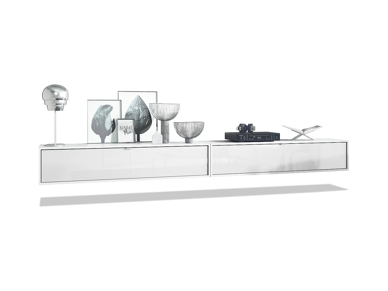 Ensemble de 2 set meuble TV Lana 140, lowboards de 140x29x37 cm chacun avec beaucoup d'espace de rangement, caisson en Blanc mat, façades en Blanc brillant