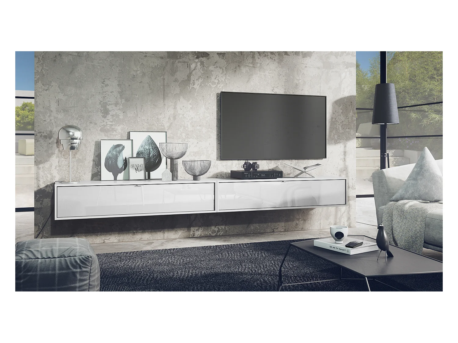Ensemble de 2 set meuble TV Lana 140, lowboards de 140x29x37 cm chacun avec beaucoup d'espace de rangement, caisson en Blanc mat, façades en Blanc brillant
