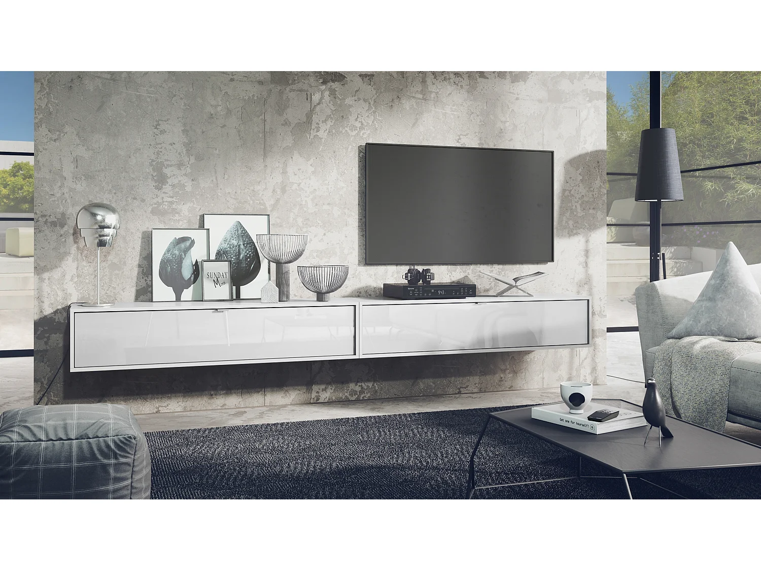 Set di mobili porta TV Lana 140 a parete Porta TV 140 x 29 x 37 cm ciascuno, struttura in bianco opaco, frontali in bianco lucido | Ampia scelta di colori