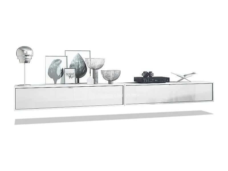Ensemble de 2 set meuble TV Lana 140, lowboards de 140x29x37 cm chacun avec beaucoup d'espace de rangement, caisson en Blanc mat, façades en Blanc brillant