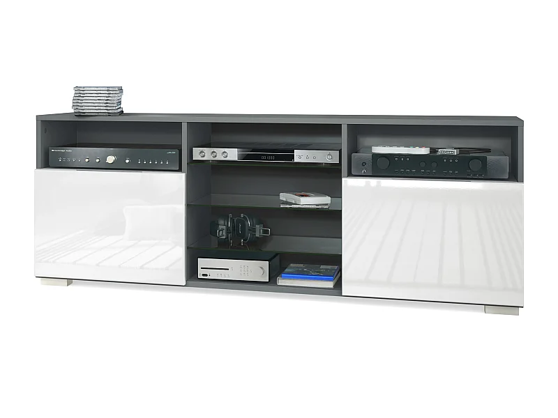 Tavolino TV Granada, mobile per televisore con 2 ante e 6 vani a giorno, mobile antracite opaco, frontali in bianco lucido (146 x 54 x 35 cm)