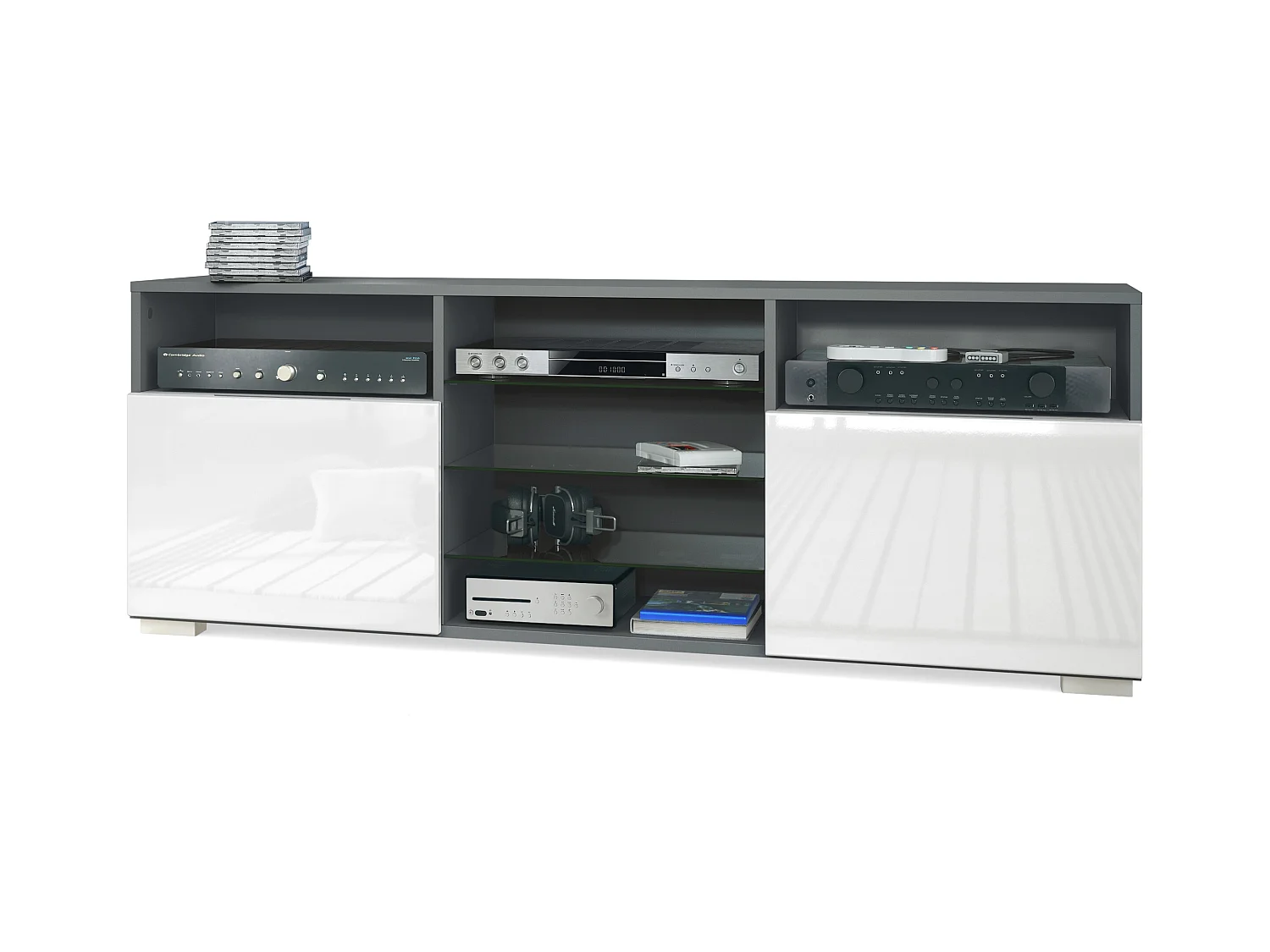 Meuble TV Granada, Lowboard avec 2 portes et 6 compartiments ouverts, corps anthracite mat, façades en blanc haute brillance (146 x 54 x 35 cm)