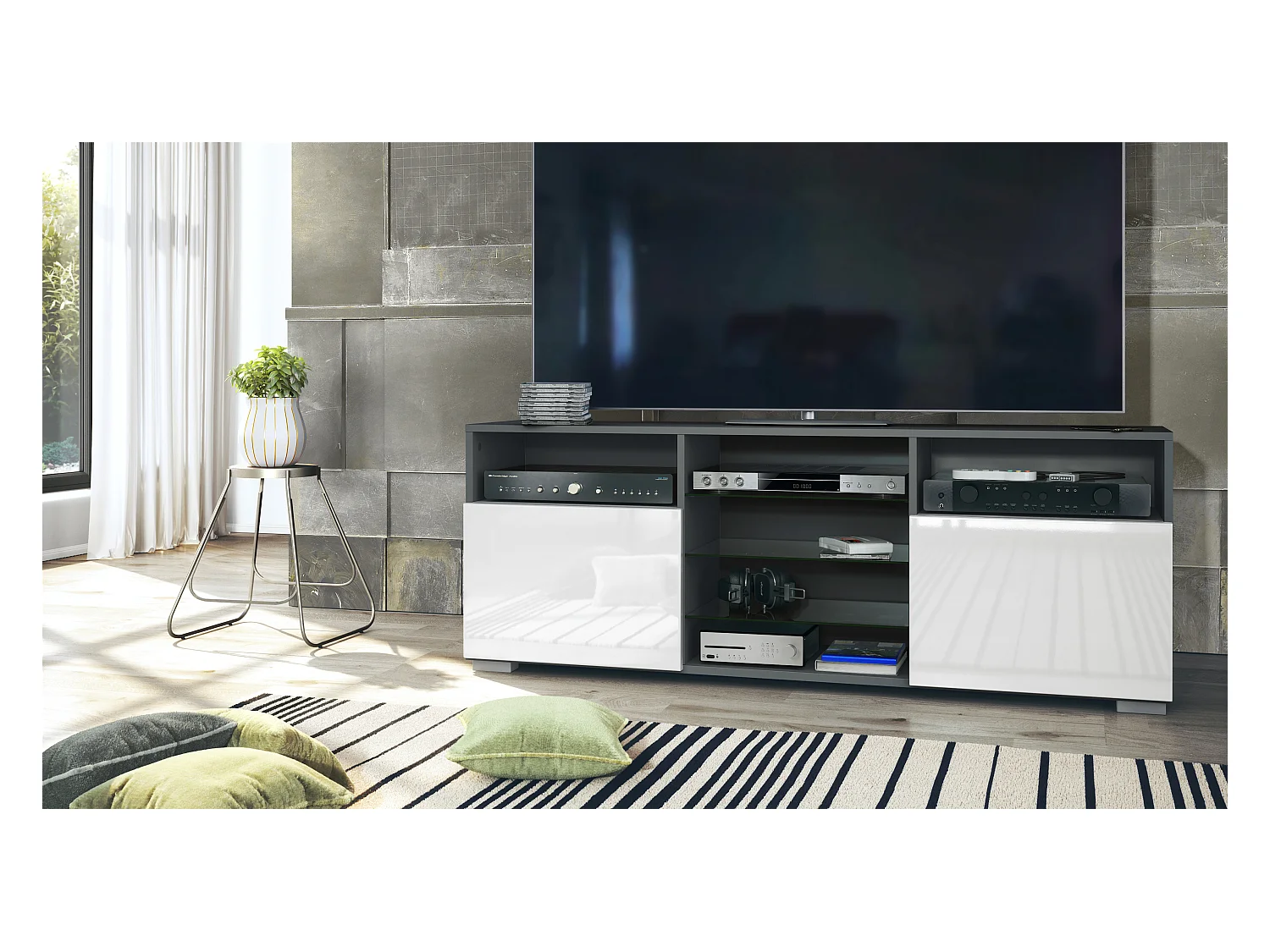 Meuble TV Granada, Lowboard avec 2 portes et 6 compartiments ouverts, corps anthracite mat, façades en blanc haute brillance (146 x 54 x 35 cm)