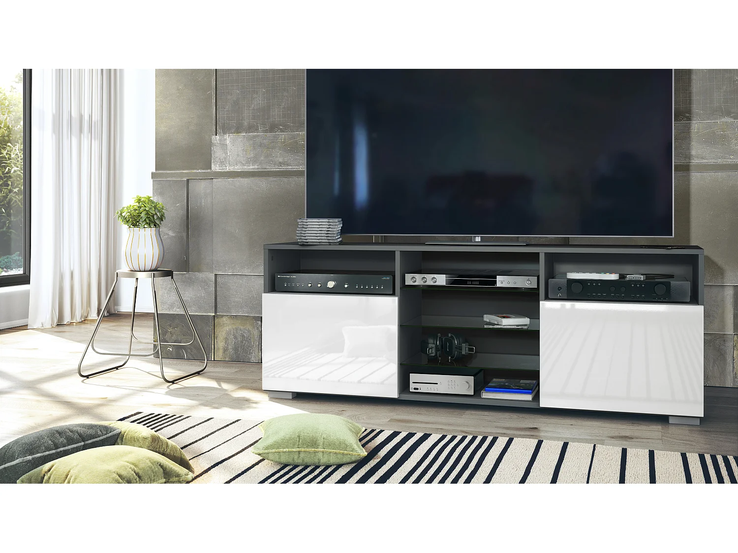 Meuble TV Granada, Lowboard avec 2 portes et 6 compartiments ouverts, corps anthracite mat, façades en blanc haute brillance (146 x 54 x 35 cm)