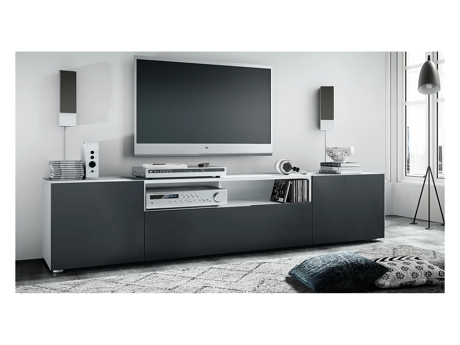 Buffet bas Mogan, Meuble TV avec 2 portes, 1 clapet et 1 compartiment ouvert, Blanc mat/Noir mat (181 x 39 x 35 cm)