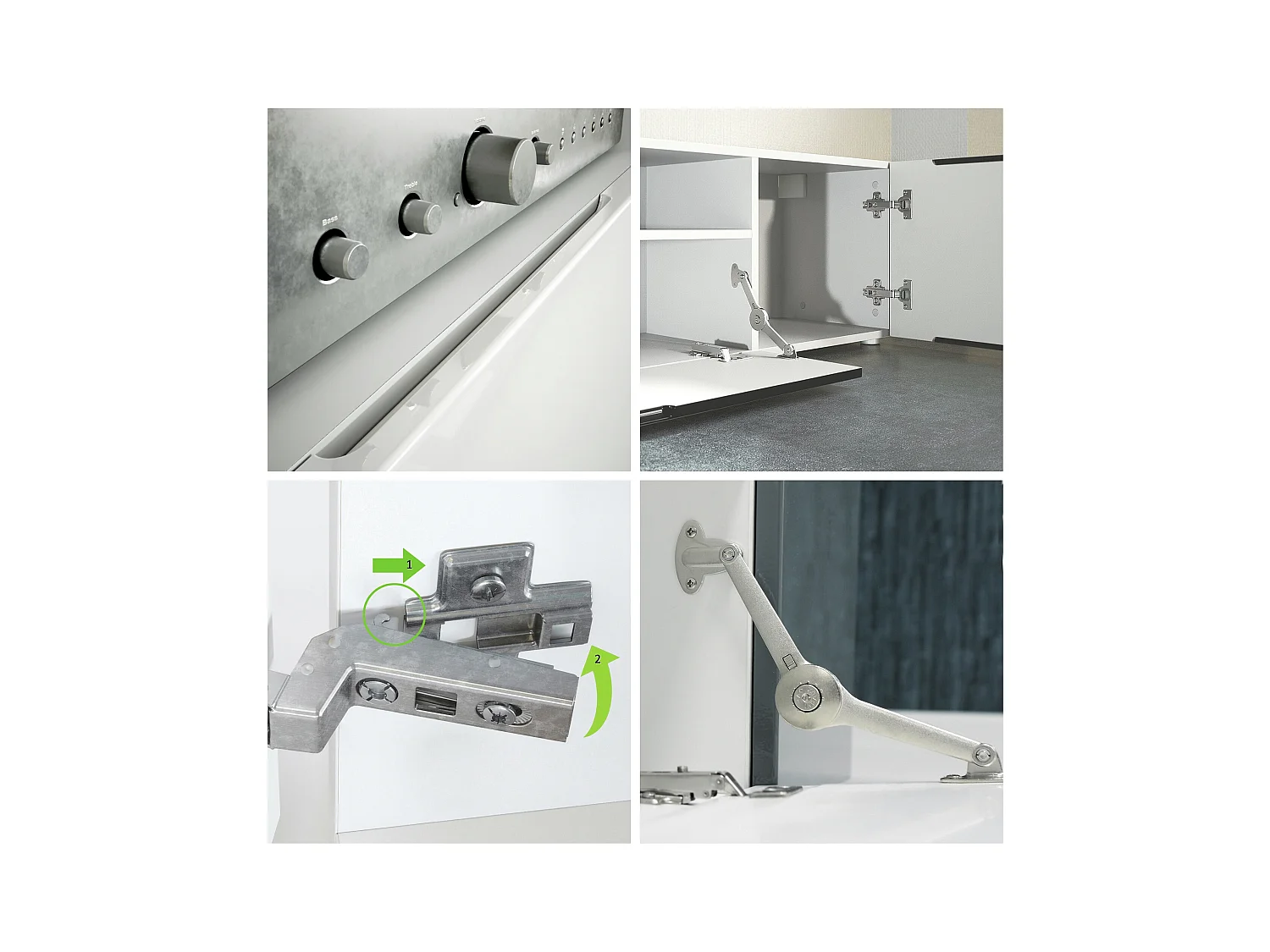 Buffet bas Mogan, Meuble TV avec 2 portes, 1 clapet et 1 compartiment ouvert, Blanc mat/Noir mat (181 x 39 x 35 cm)