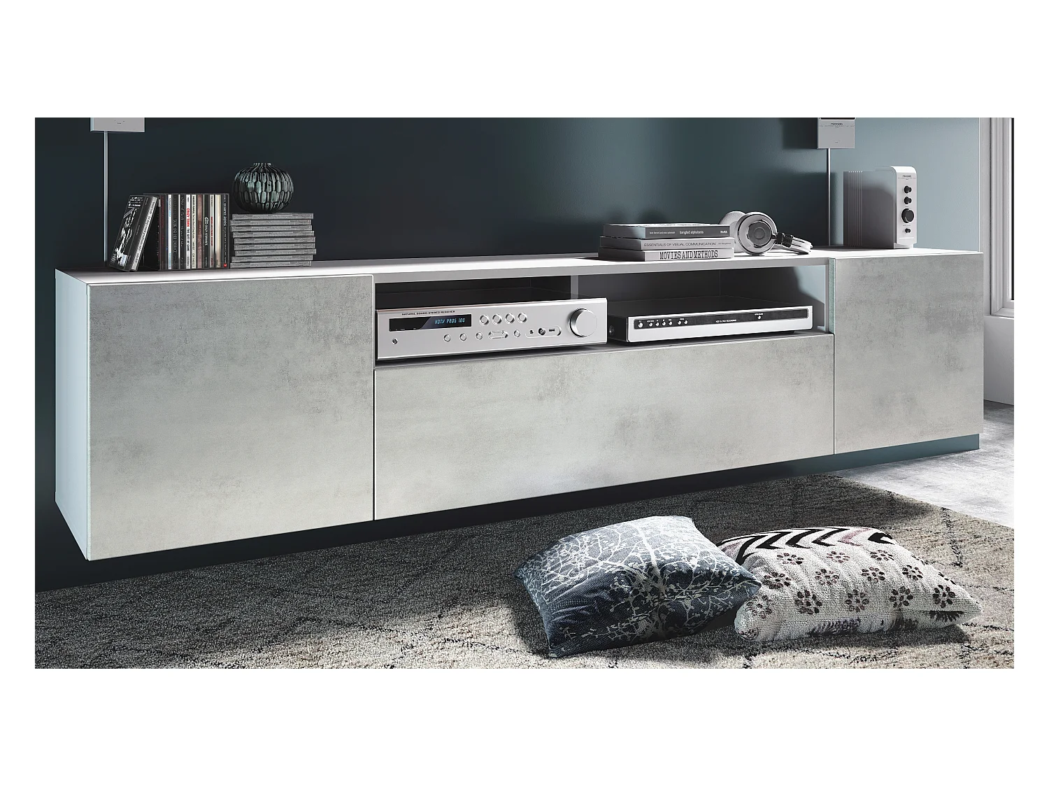 Buffet bas Mogan, Meuble TV avec 2 portes, 1 clapet et 1 compartiment ouvert, Blanc mat/Noir mat (181 x 39 x 35 cm)
