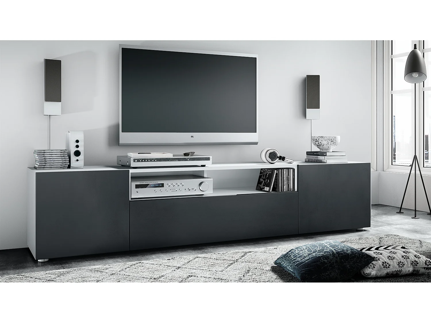 Buffet bas Mogan, Meuble TV avec 2 portes, 1 clapet et 1 compartiment ouvert, Blanc mat/Noir mat (181 x 39 x 35 cm)