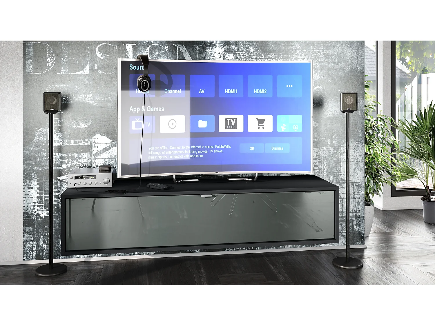 Meuble TV Lana 140 armoire murale lowboard 140 x 29 x 37 cm, caisson en Noir mat, façades en gris haute brillance | Grand choix de couleurs