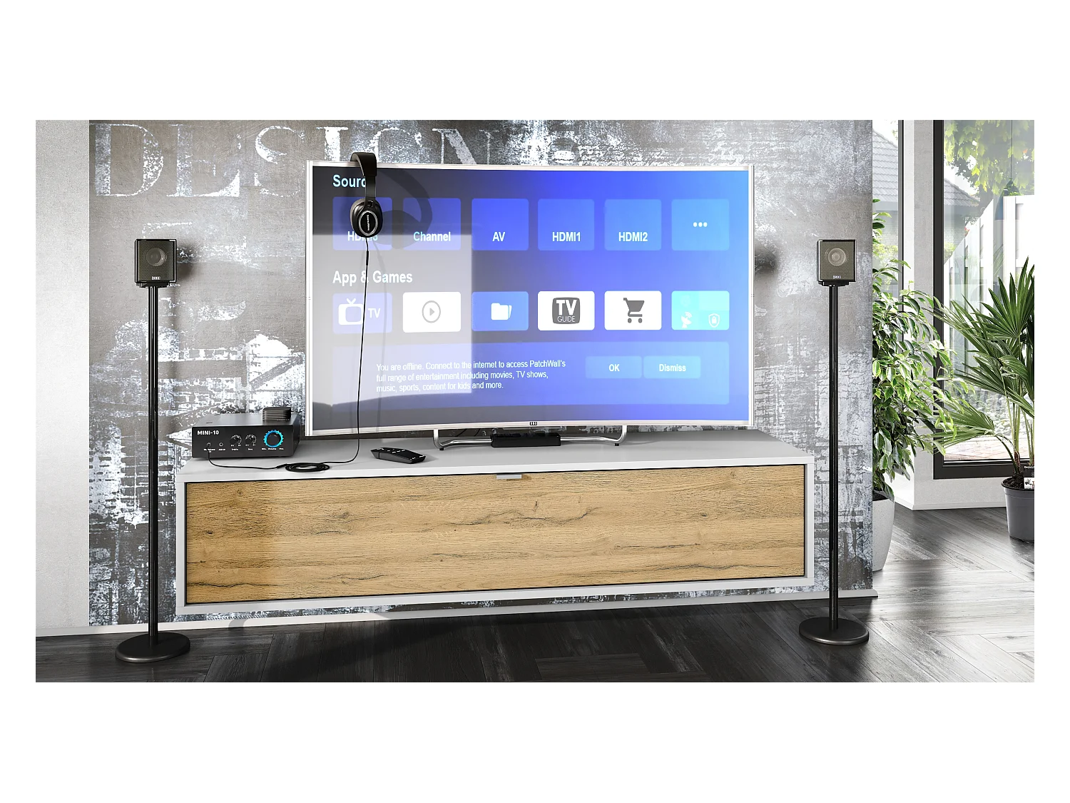 Meuble TV Lana 140 armoire murale lowboard 140 x 29 x 37 cm, caisson en blanc mat, façades en Chêne Nature | Grand choix de couleurs