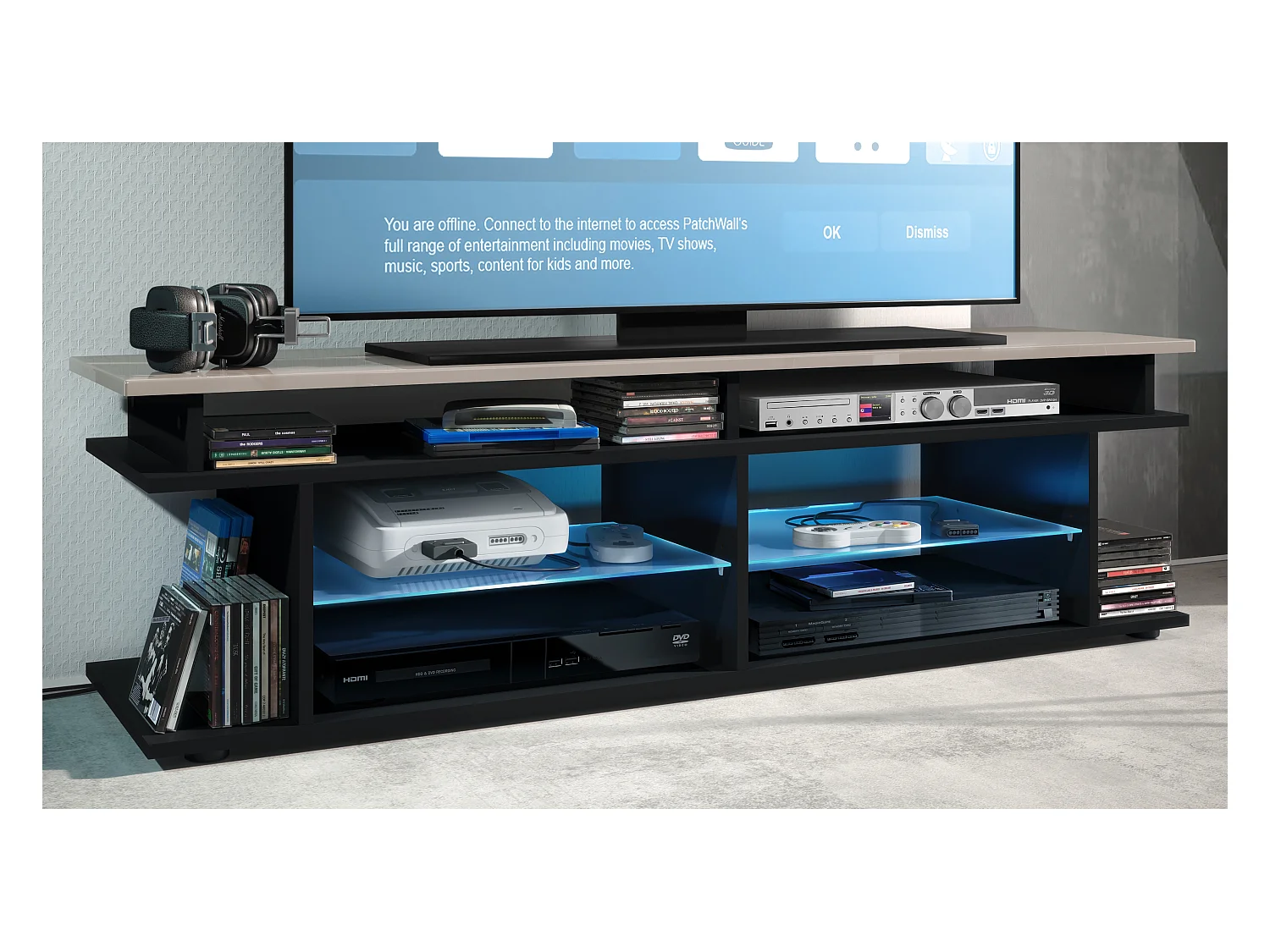 TV Board Movie V3 Game On 138,5 x 39 x 37,5 cm éclairage LED inclus Bleu, caisson en noir mat, élément supérieur en gris sable haute brillance