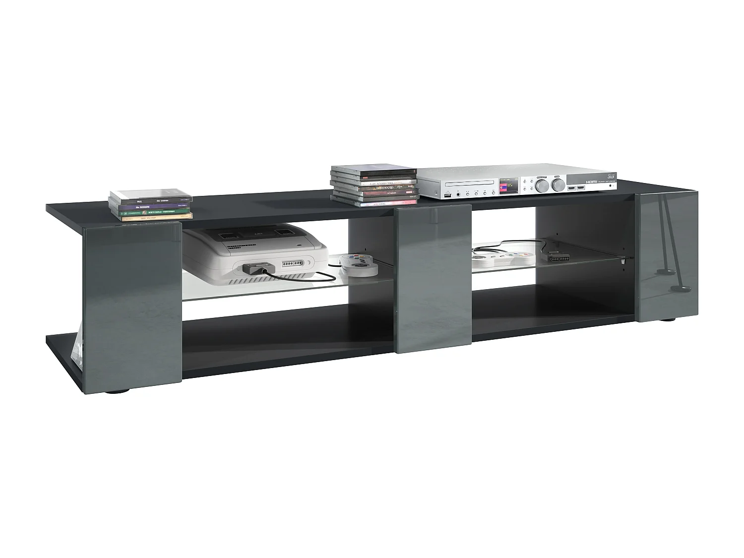 Buffet bas Movie V2, Meuble TV avec 6 compartiments ouverts et placages décoratifs, Noir mat/Gris haute brillance (134 x 29 x 39 cm)