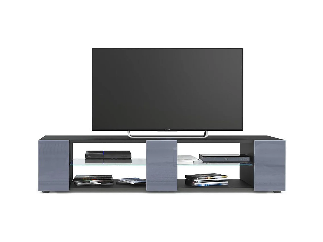 Buffet bas Movie V2, Meuble TV avec 6 compartiments ouverts et placages décoratifs, Noir mat/Gris haute brillance (134 x 29 x 39 cm)