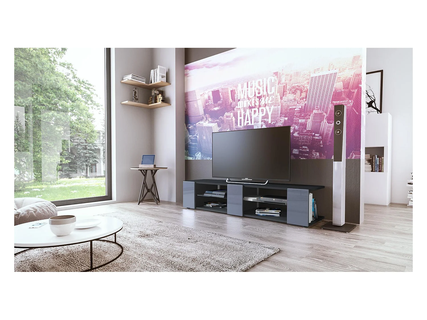 Buffet bas Movie V2, Meuble TV avec 6 compartiments ouverts et placages décoratifs, Noir mat/Gris haute brillance (134 x 29 x 39 cm)