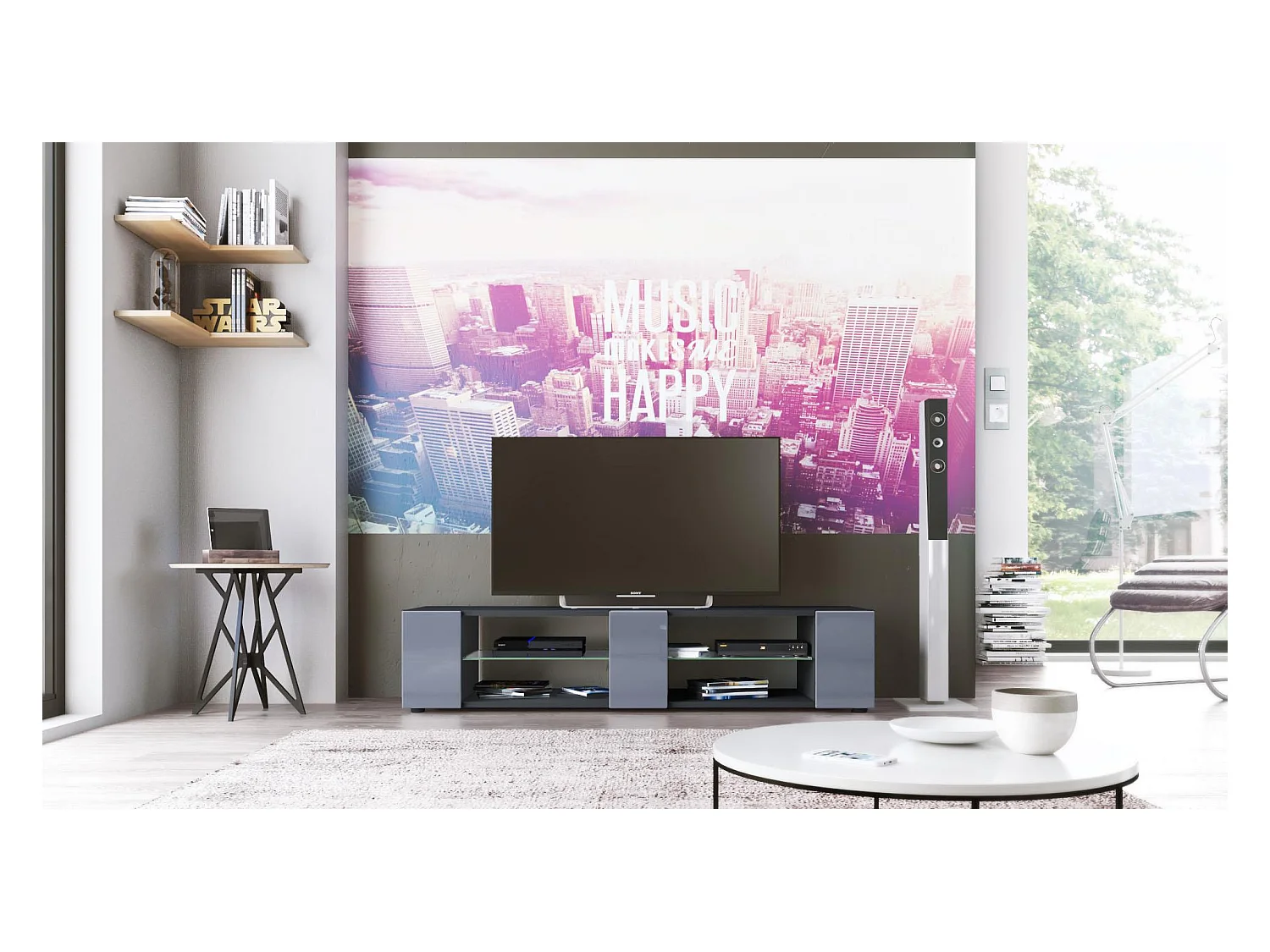 Buffet bas Movie V2, Meuble TV avec 6 compartiments ouverts et placages décoratifs, Noir mat/Gris haute brillance (134 x 29 x 39 cm)