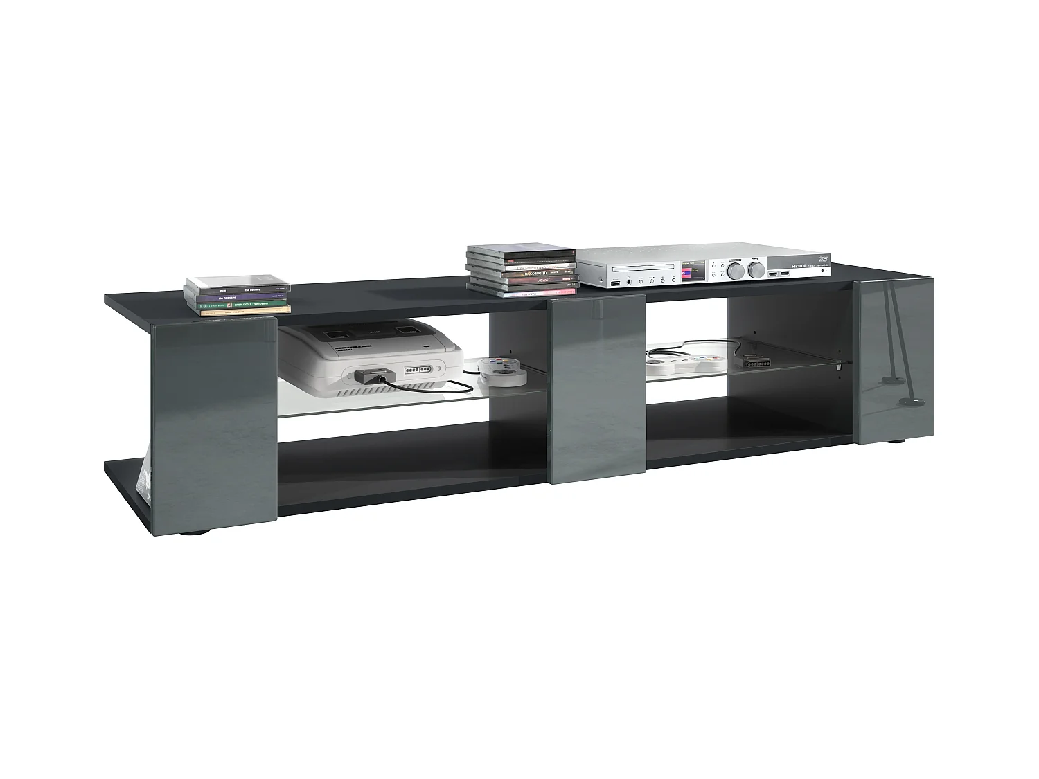 Buffet bas Movie V2, Meuble TV avec 6 compartiments ouverts et placages décoratifs, Noir mat/Gris haute brillance (134 x 29 x 39 cm)