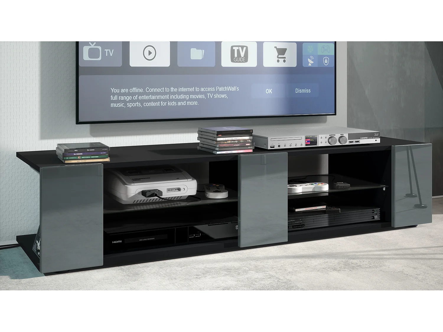 Buffet bas Movie V2, Meuble TV avec 6 compartiments ouverts et placages décoratifs, Noir mat/Gris haute brillance (134 x 29 x 39 cm)