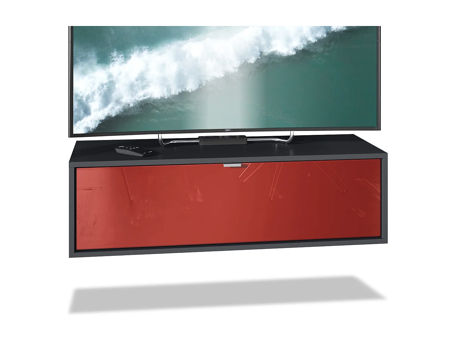 Meuble TV Lana 100 armoire murale lowboard 100 x 29 x 37 cm, caisson en noir mat, façades en bordeaux haute brillance | Grand choix de couleurs