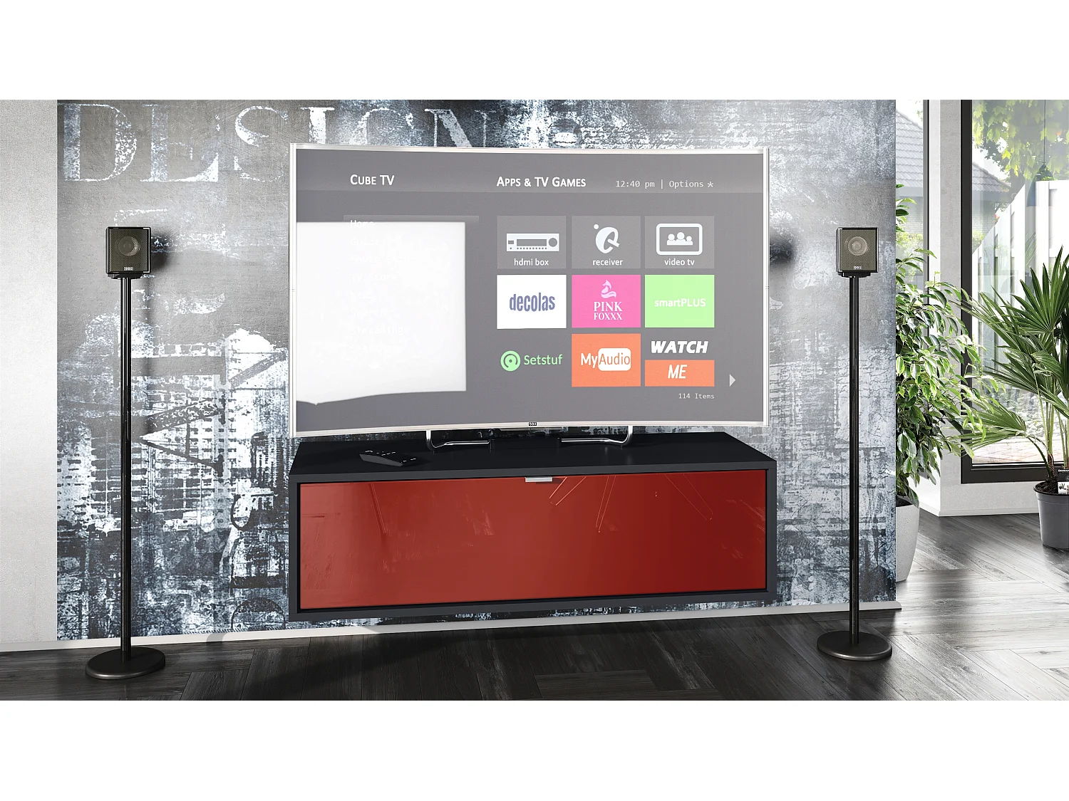 Meuble TV Lana 100 armoire murale lowboard 100 x 29 x 37 cm, caisson en noir mat, façades en bordeaux haute brillance | Grand choix de couleurs