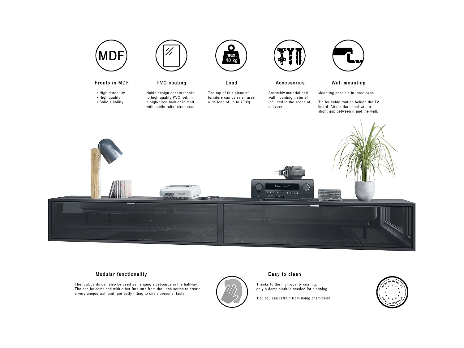 Ensemble de 2 set meuble TV Lana 120, lowboards de 120 x 29 x 37 cm chacun avec beaucoup d'espace de rangement, caisson en Noir mat, façades en Bordeaux brillant