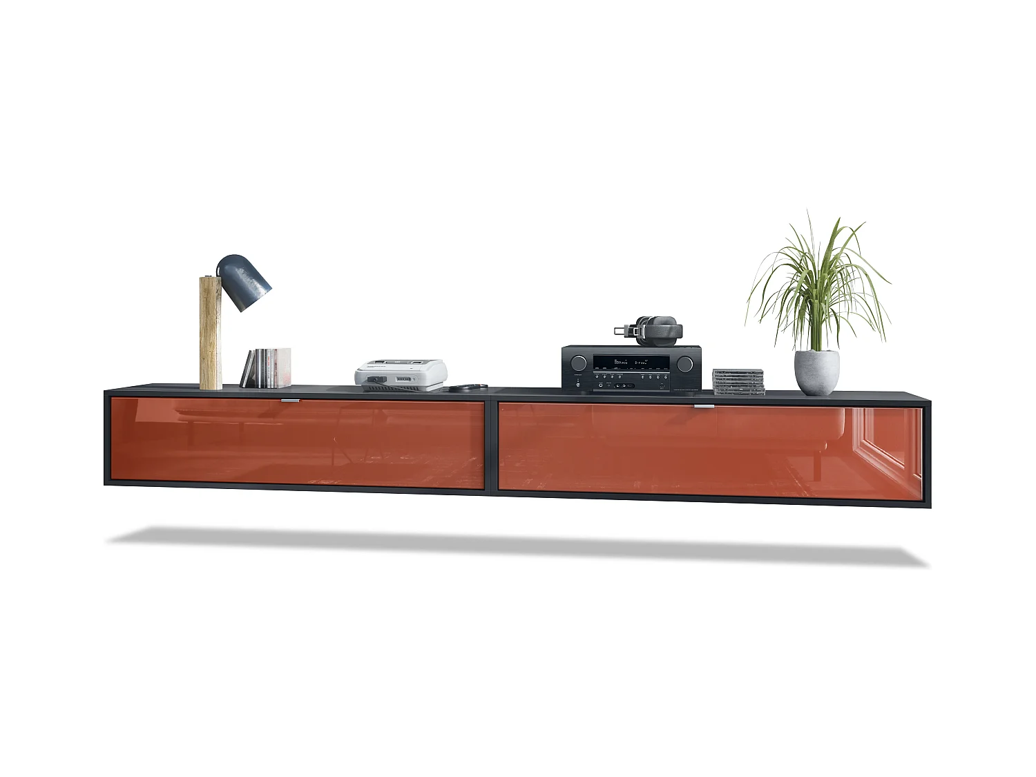 Ensemble de 2 set meuble TV Lana 120, lowboards de 120 x 29 x 37 cm chacun avec beaucoup d'espace de rangement, caisson en Noir mat, façades en Bordeaux brillant