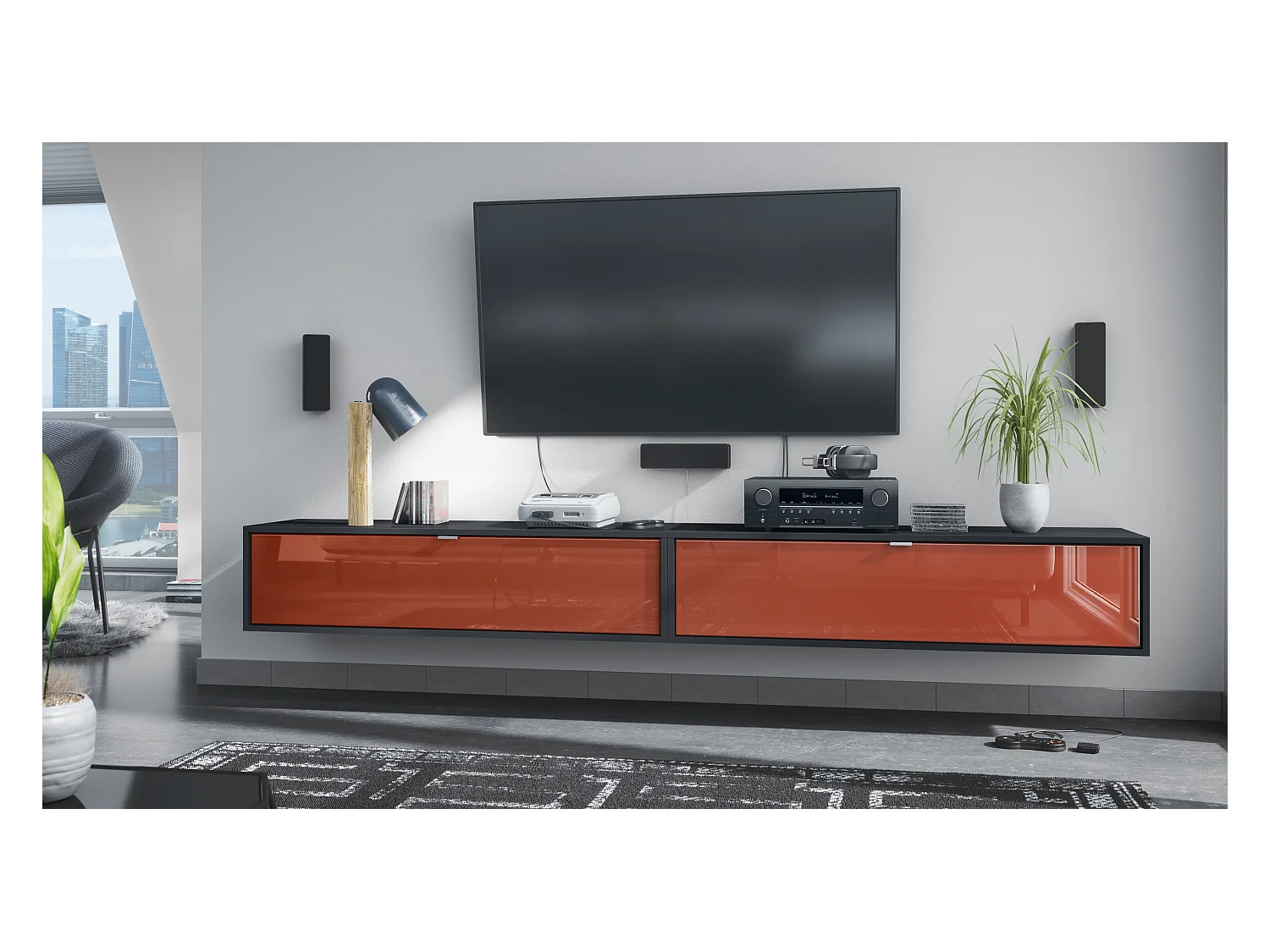 Ensemble de 2 set meuble TV Lana 120, lowboards de 120 x 29 x 37 cm chacun avec beaucoup d'espace de rangement, caisson en Noir mat, façades en Bordeaux brillant