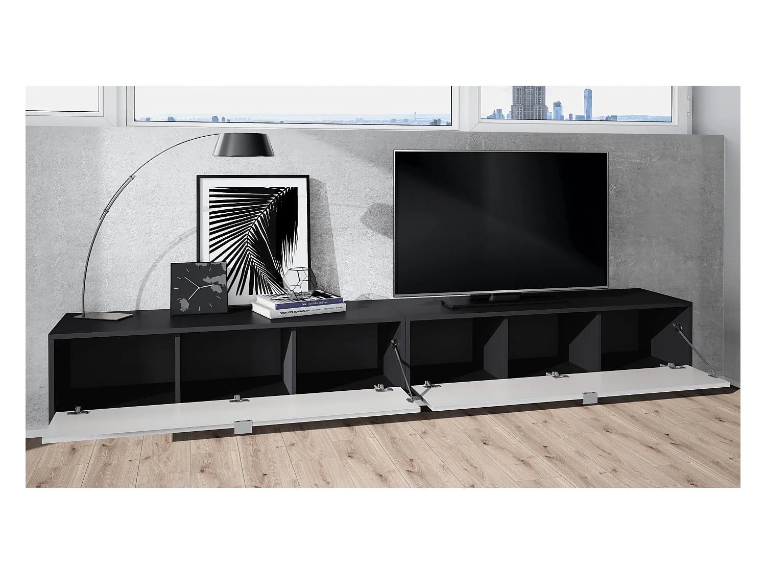 Ensemble de 2 set meuble TV Lana 120, lowboards de 120 x 29 x 37 cm chacun avec beaucoup d'espace de rangement, caisson en Noir mat, façades en Bordeaux brillant