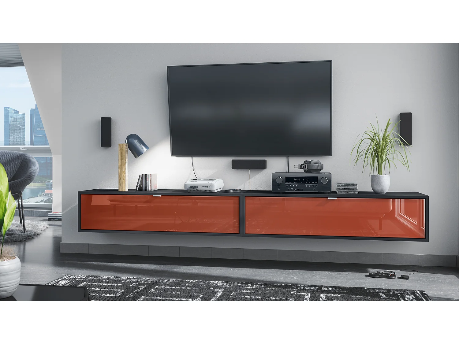 Ensemble de 2 set meuble TV Lana 120, lowboards de 120 x 29 x 37 cm chacun avec beaucoup d'espace de rangement, caisson en Noir mat, façades en Bordeaux brillant