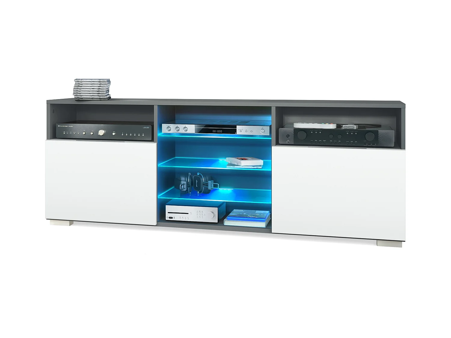 Meuble TV Granada, Lowboard avec 2 portes et 6 compartiments ouverts, corps anthracite mat, façades en blanc mat avec éclairage LED RVB  (146 x 54 x 35 cm)