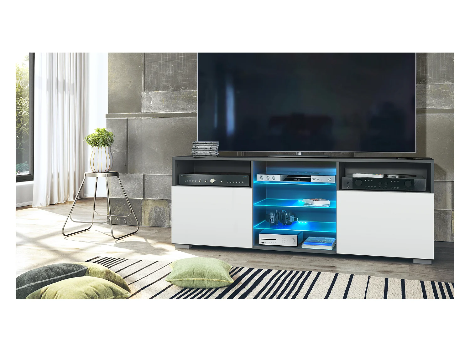 Meuble TV Granada, Lowboard avec 2 portes et 6 compartiments ouverts, corps anthracite mat, façades en blanc mat avec éclairage LED RVB  (146 x 54 x 35 cm)