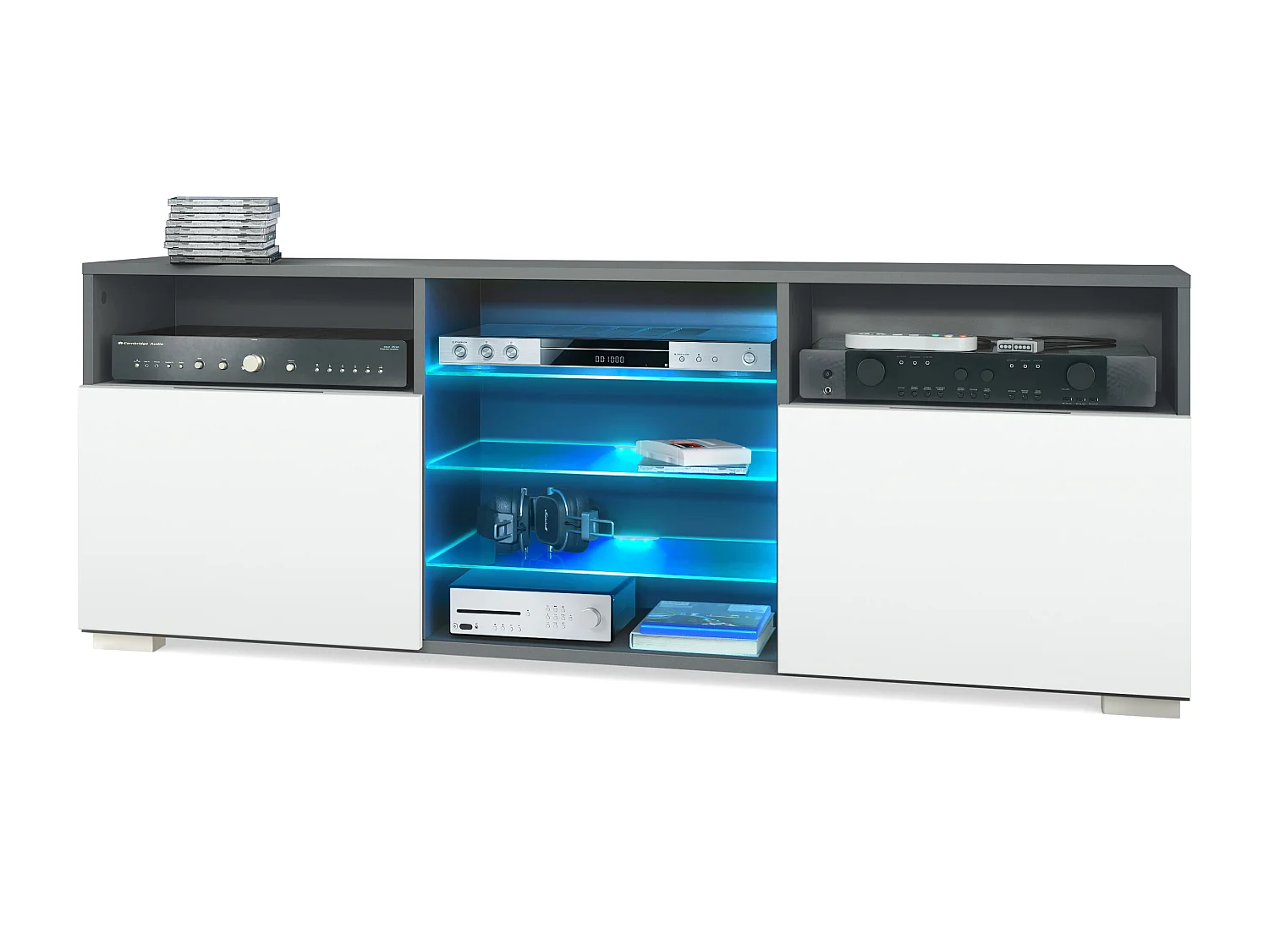 Meuble TV Granada, Lowboard avec 2 portes et 6 compartiments ouverts, corps anthracite mat, façades en blanc mat avec éclairage LED RVB  (146 x 54 x 35 cm)