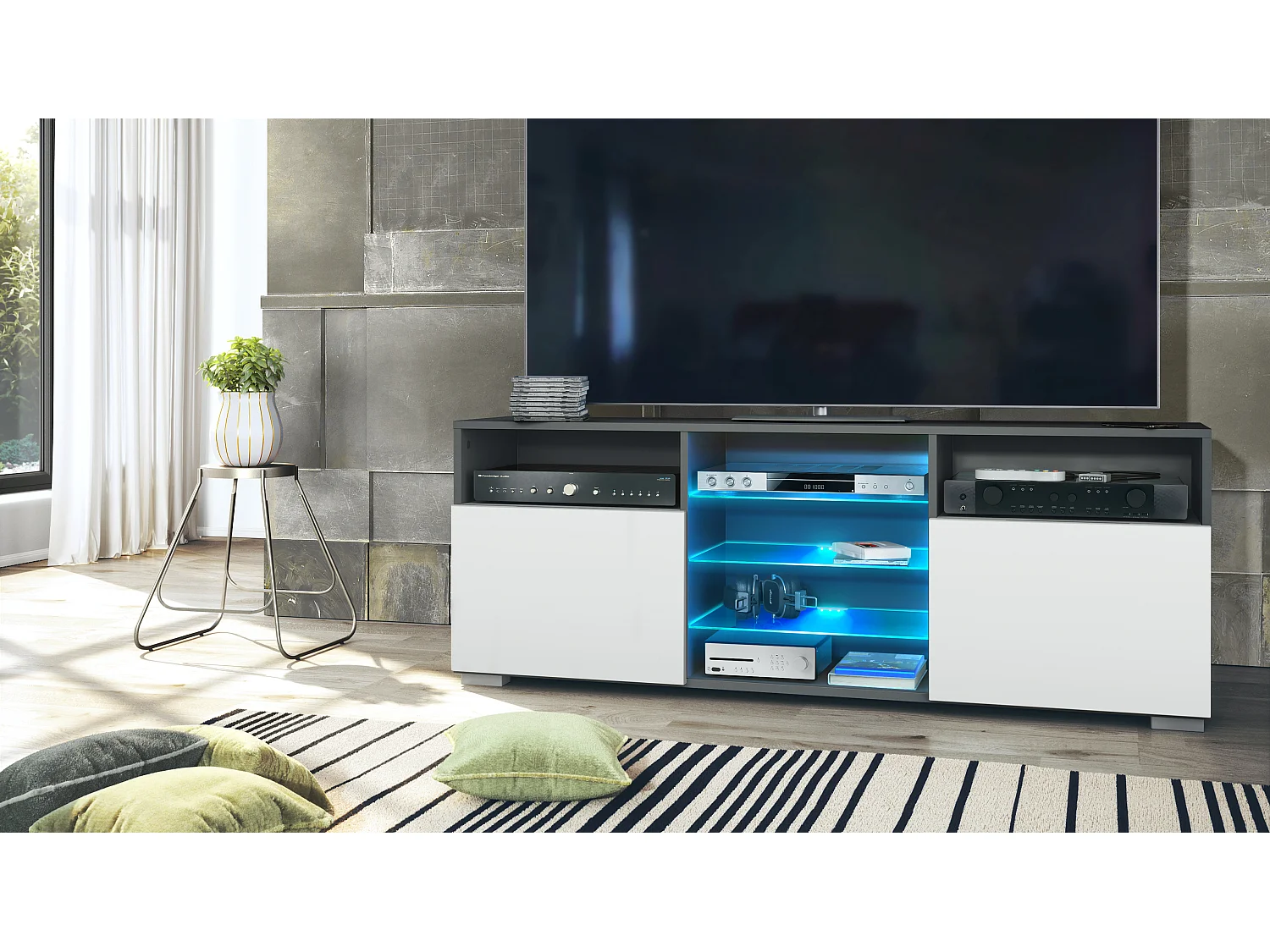 Meuble TV Granada, Lowboard avec 2 portes et 6 compartiments ouverts, corps anthracite mat, façades en blanc mat avec éclairage LED RVB  (146 x 54 x 35 cm)