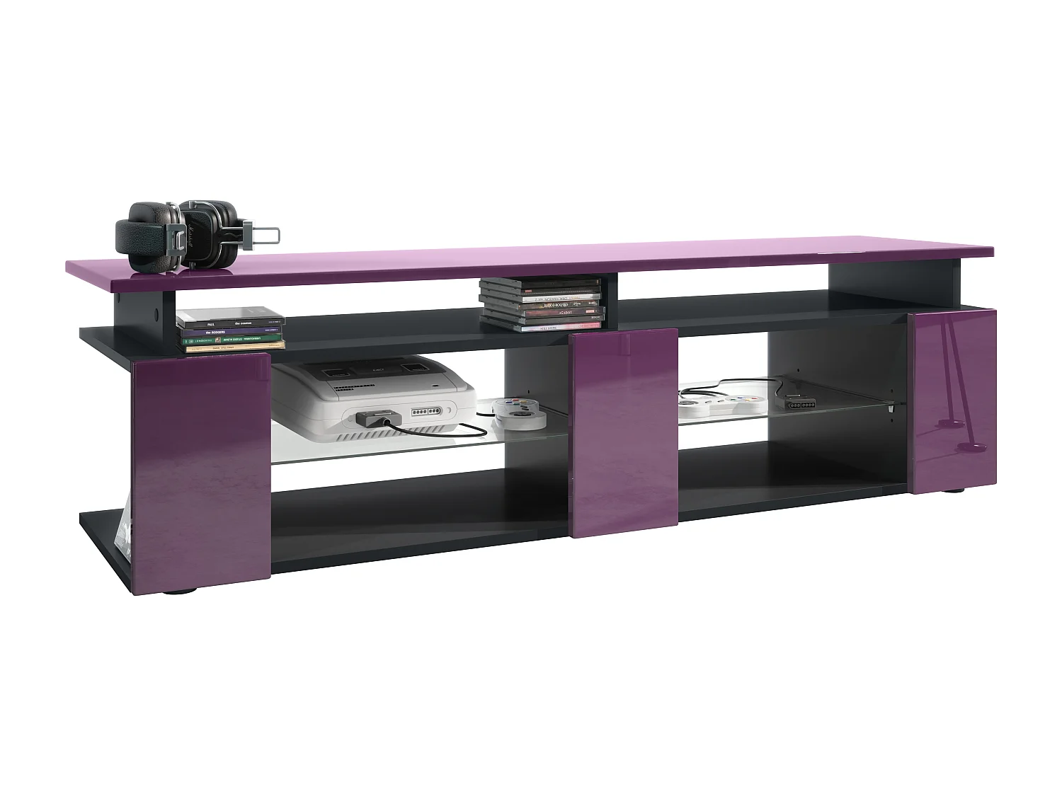 TV Board Movie V2 Game On Lowboard 139 x 39 x 39 cm , struttura in nero opaco, frontali in violetto porpora lucido