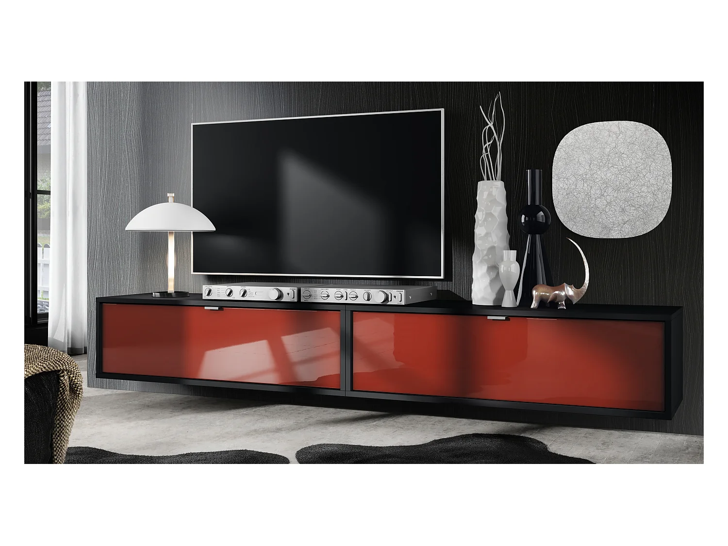 Ensemble de 2 set meuble TV Lana 100, lowboards de 100 x 29 x 37 cm chacun avec beaucoup d'espace de rangement, caisson en Noir mat, façades en Bordeaux brillant