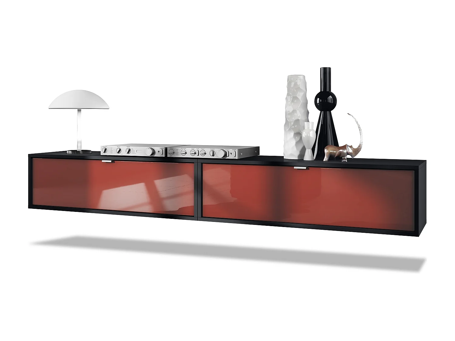 Ensemble de 2 set meuble TV Lana 100, lowboards de 100 x 29 x 37 cm chacun avec beaucoup d'espace de rangement, caisson en Noir mat, façades en Bordeaux brillant