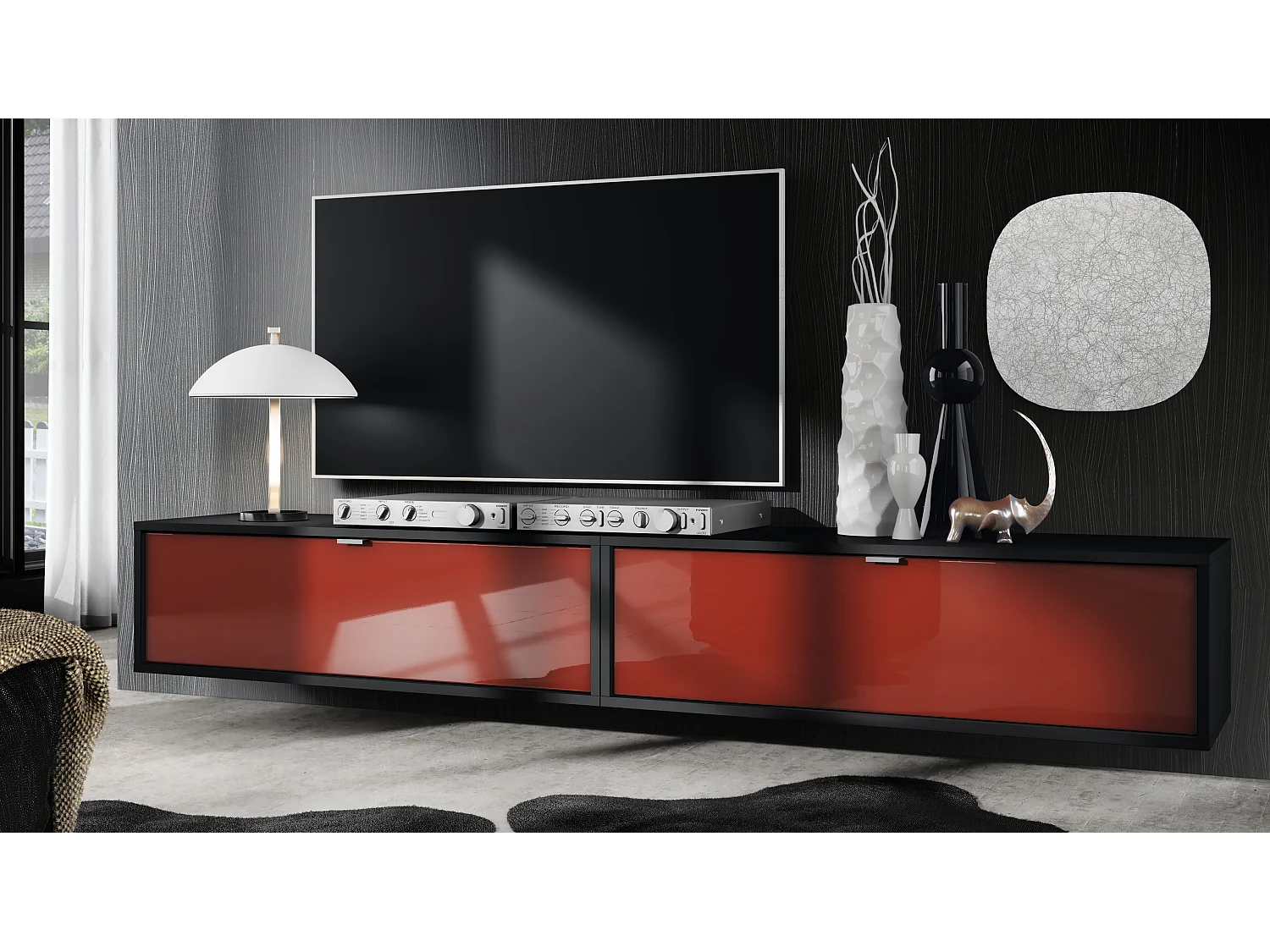 Ensemble de 2 set meuble TV Lana 100, lowboards de 100 x 29 x 37 cm chacun avec beaucoup d'espace de rangement, caisson en Noir mat, façades en Bordeaux brillant