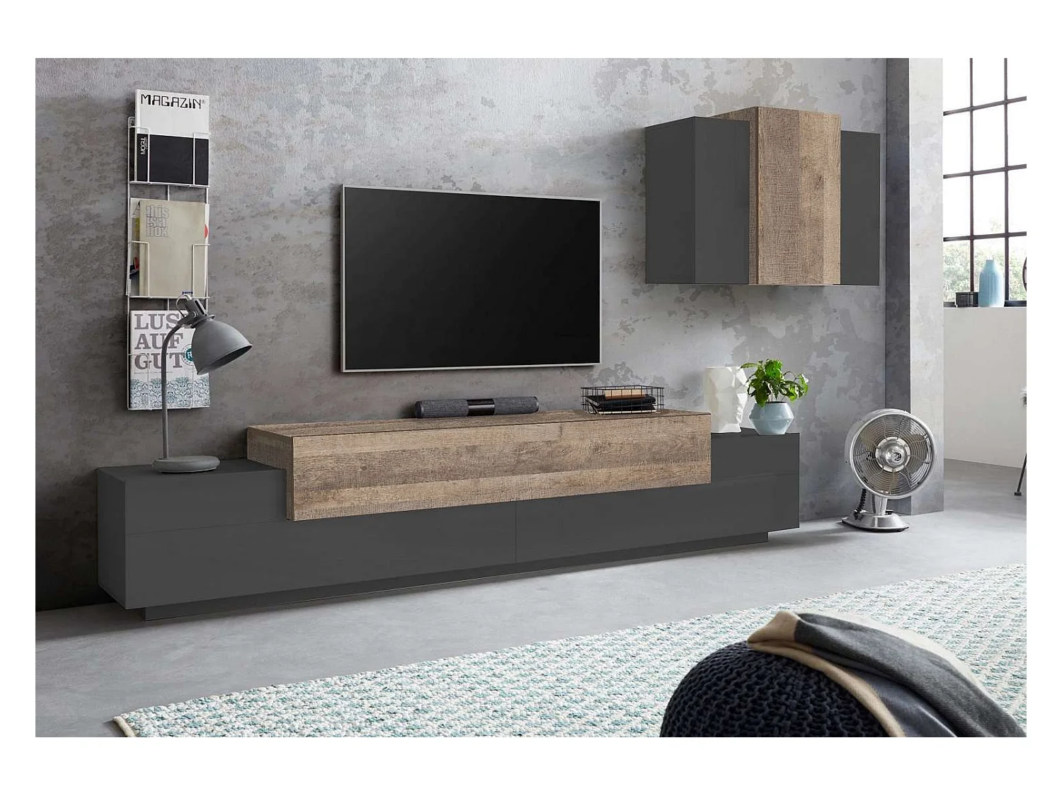 Parete attrezzata porta TV moderna pensile sospeso antracite legno Stady AP
